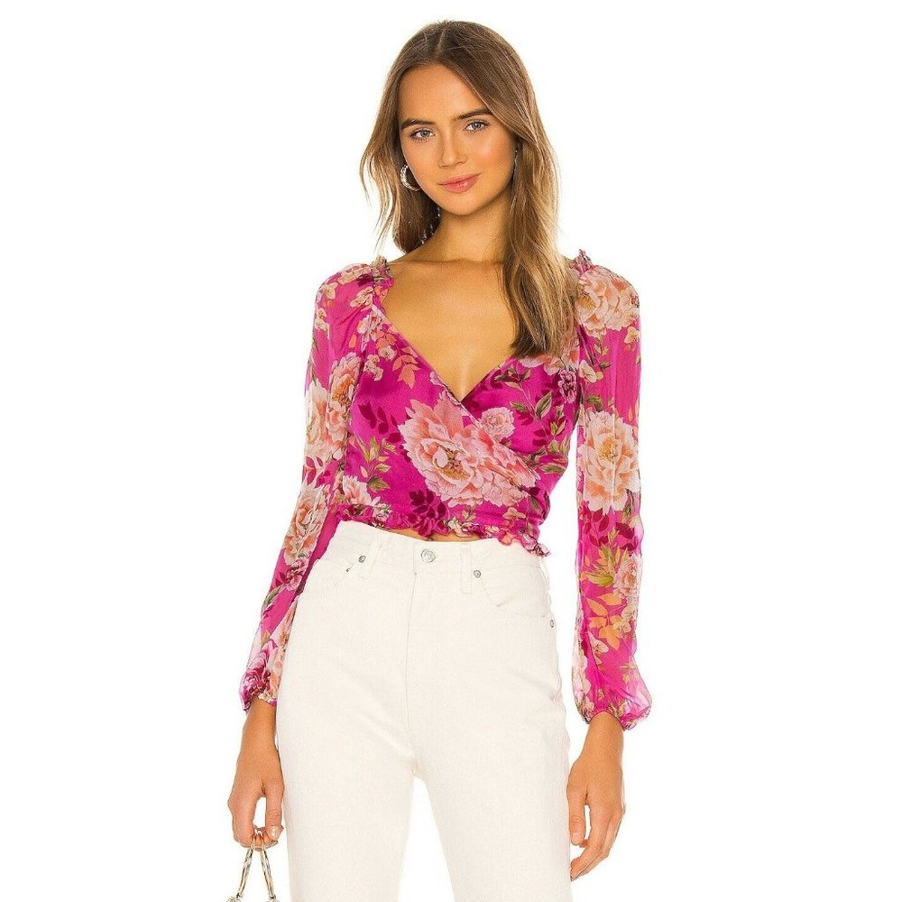 SAU LEE Frances Silk Top Fuchsia Multi Blouse Floral Pink Chiffon 0 NWT $285
